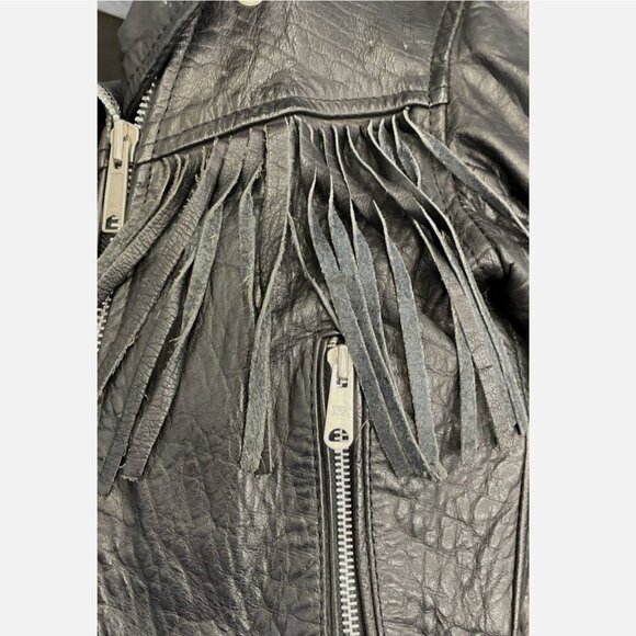 VTG Women’s Black Fringed Leather Heavy Biker Motorcycle Jacket Size S Hudson - Picture 13 of 14